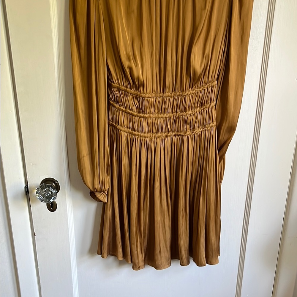 Maje Satin Ruched Rianne Gold Mini Dress - Picture 8 of 11